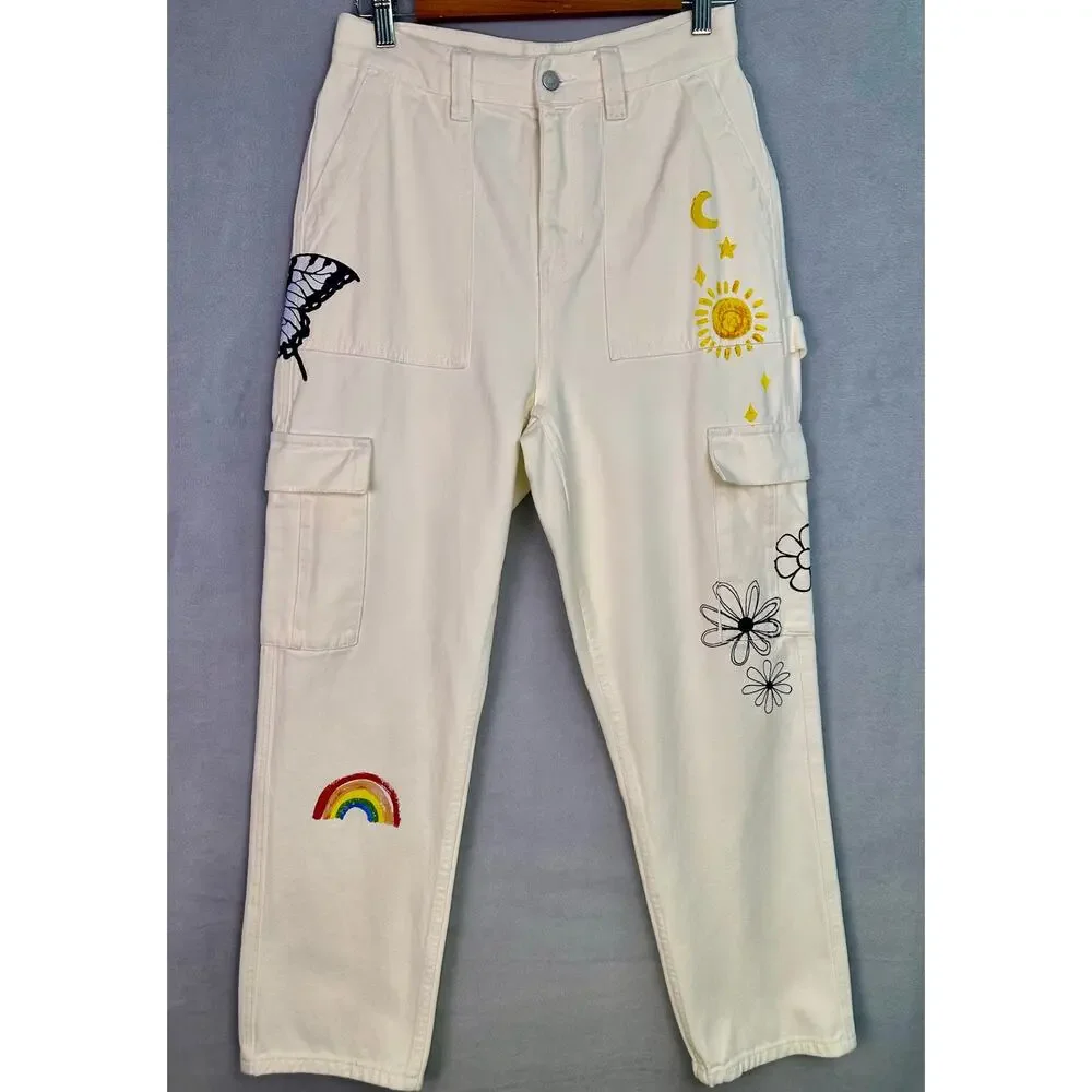 PacSun Sketchbook High Rise Carpenter Cargo Jeans Cream Graphic Doodle Size 27 - Picture 2 of 12
